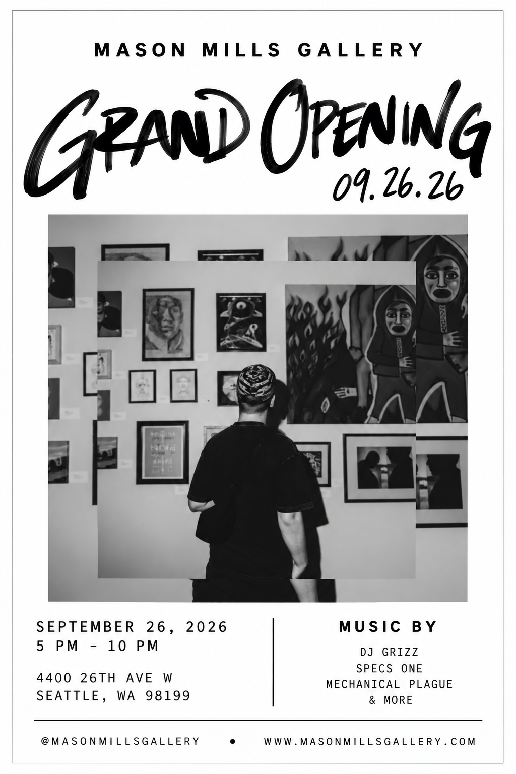 Mason Mills Gallery grand opening flyer for September 26, 2026